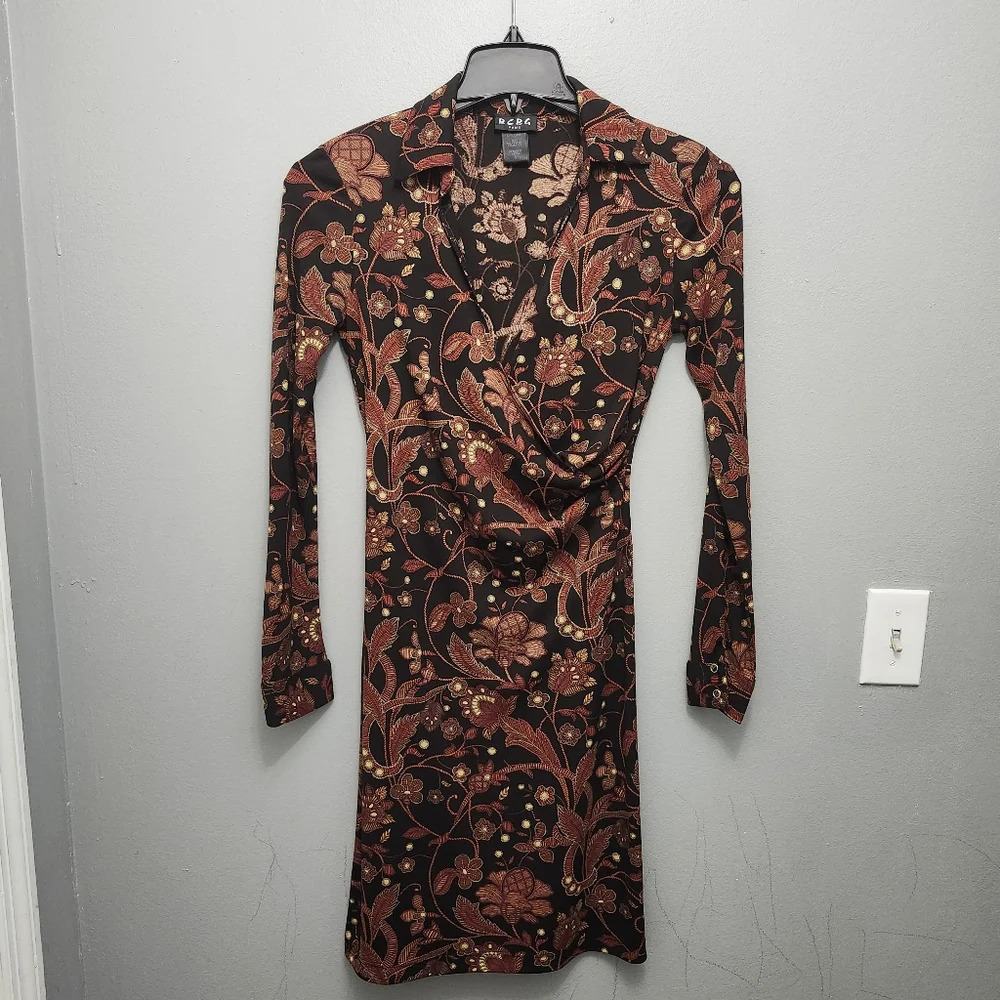 BCBG paris women's mini dress size S floral black and orange long sleeve